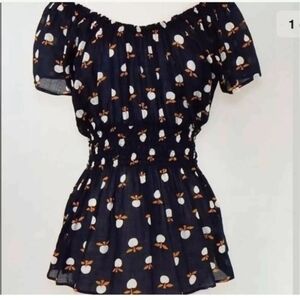 MARIMEKKO Anthropologie Navy Blue Apple Print Sheer Smocked Blouse Top 0